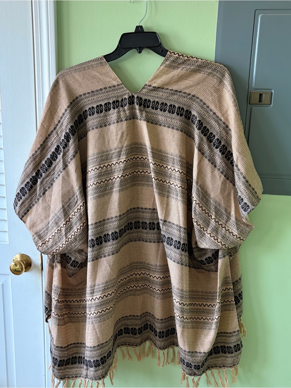 Boho Fringe Woven Poncho in Tan & Black by Quagga Green Label One Size Fits All - Picture 2 of 9